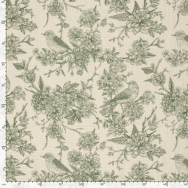 Double Gauze - Flowers and Birds - Olive Green