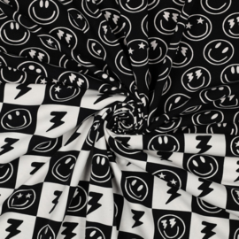 Verhees Textiles - Tricot Jersey  Print - Smiley   Check  -  Black White