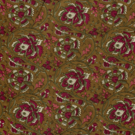 katoen Print - Voile - Batik  - Dark Red Flowers   - Moss  Green