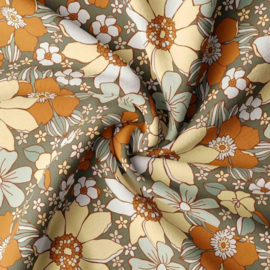 Katoen Print - Retro Flowers - Green Terra