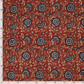 katoen Print - Voile - Batik  -  Navy Flowers   - Dark Red