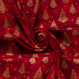 Katoen Print Kerst -  Christmas   Tree - Red  Gold