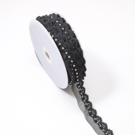 Kant  Non Stretch met Strasssteentjes - 30mm  breed - Black 