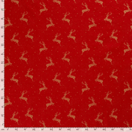 Katoen Print Kerst - Deer  - Red Foil Gold