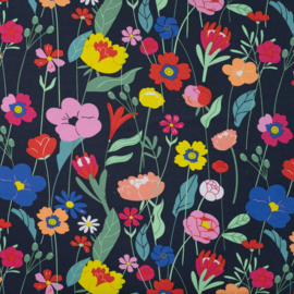 Qjutie - French Terry Print   - Flowers  - Dark Blue