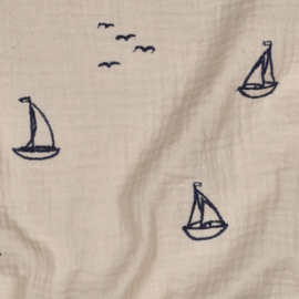 Double Gauze - Embroidery- Boats  - Sand