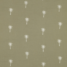 Verhees Textiles - Double Gauze Embroidery - Palm Trees - Army Green