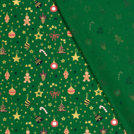 Katoen Print Kerst -  Christmas Balls   - Green  Foil Gold