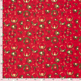Katoen Print Kerst -  Christmas    - Red Foil Gold
