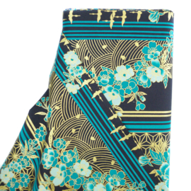 Japanese Floral Print | Blue Kikus and golden Tsurus on navy blue - Cotton