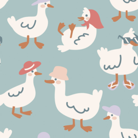 French Terry  Cotton - Ducks   - Blue 003