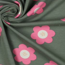 Verhees Textiles - French Terry Big Flowers - Green Pink