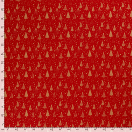 Katoen Print Kerst - Christmas Tree   - Red Foil Gold