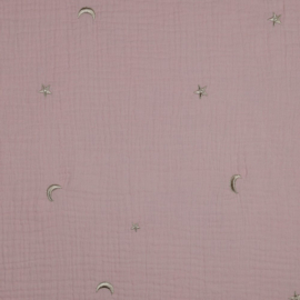 Double Gauze - Embroidery - Moon & Stars - Soft Pink