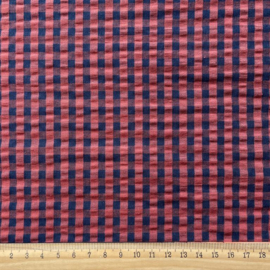 Katoen Seersucker - Checks - Marine Pink