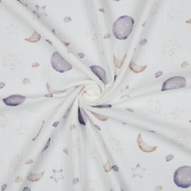 Verhees Textiles - Double Gauze Organic - Moon and Stars -  White