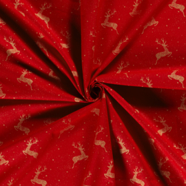 Katoen Print Kerst - Deer  - Red Foil Gold