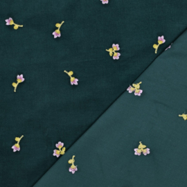 Babycord - Embroidery Flowers  - Dark Green