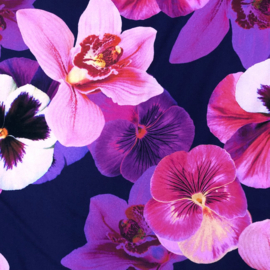 Deadstock stoffen - Viscose Crepe  - Flowers  - Pink Purple Dark Blue