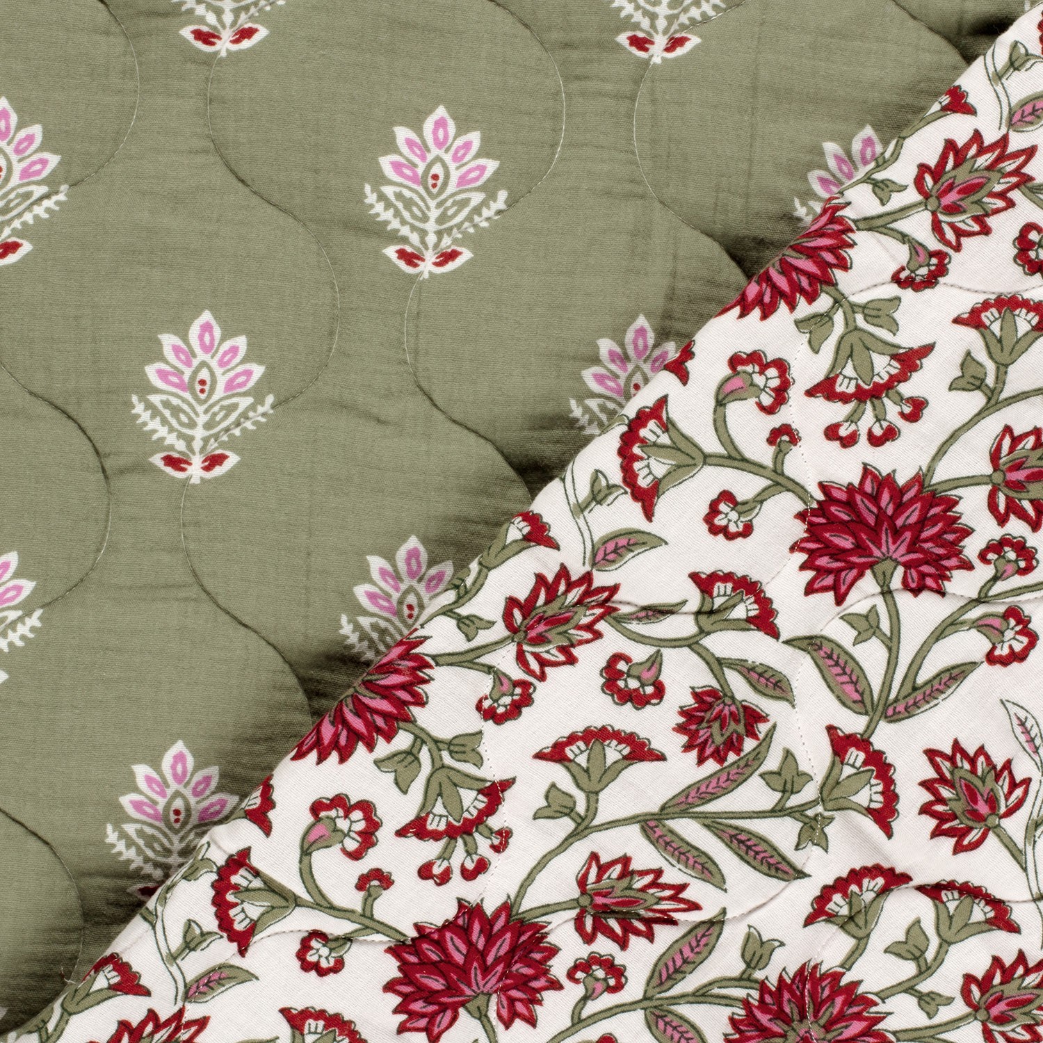 Stepped - Quilted - Ikat Flowers   - Double Sided -  Green Bordeaux