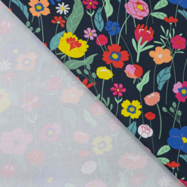 Qjutie - French Terry Print   - Flowers  - Dark Blue