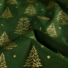 Katoen Print Kerst -  Christmas   Tree - Green  Gold