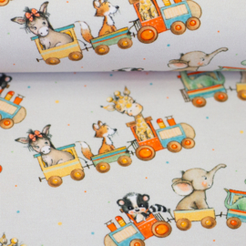 Swafing Tricot Jersey  - Retro Print - Animals in the Train  - Light GreyBlue