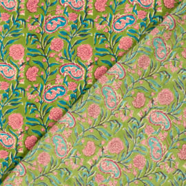 katoen Print - Voile - Batik  - Pink Flowers   - Bright Green