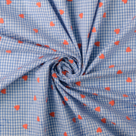 Broderie -  Katoen  -  Checks - Hearts  - Blue