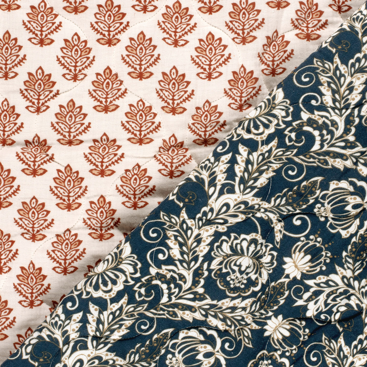 Stepped - Quilted - Ikat Flowers   - Double Sided -  Stone Dark Blue