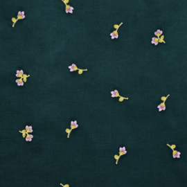 Babycord - Embroidery Flowers  - Dark Green