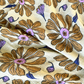 Double Gauze - Big  Flowers   - Purple Yellow