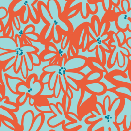 Katia Fabrics - Poplin Katoen - Flowers - Turquoise Orange