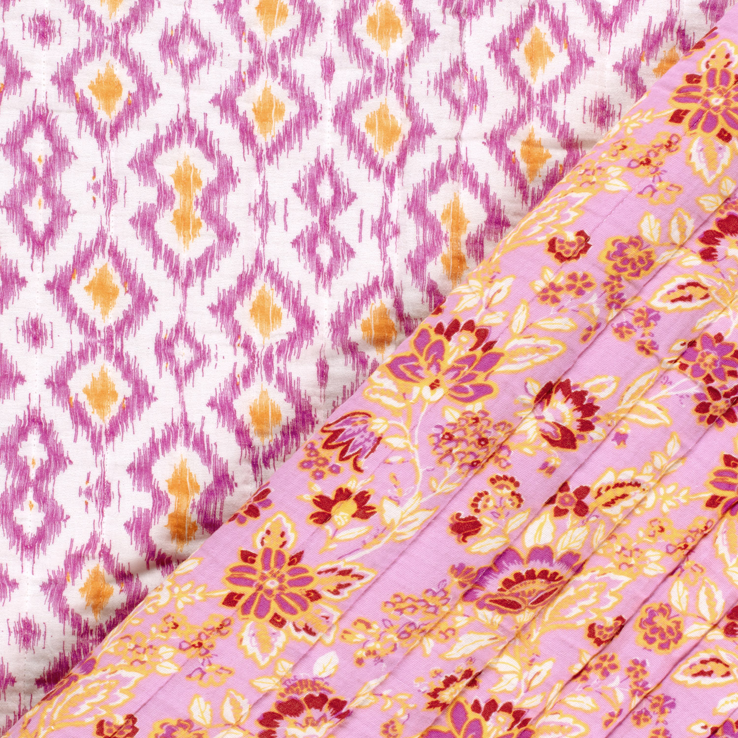 Stepped - Quilted - Ikat Print    - Double Sided -  Fuchsia Yellow 