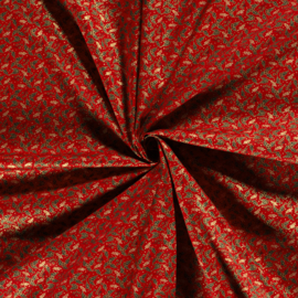 Katoen Print Kerst -  Holy Leaves  - Red Foil Gold