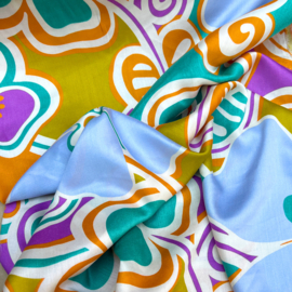 Deadstock - Satijn  Viscose - Flowers  - Acqua MossGreen Purple