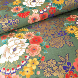 Japanese Floral Print | Kinran - Green - Cotton