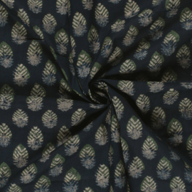 katoen Print - Voile - Batik  -  Leaves    - Dark Blue