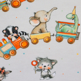 Swafing Tricot Jersey  - Retro Print - Animals in the Train  - Light GreyBlue