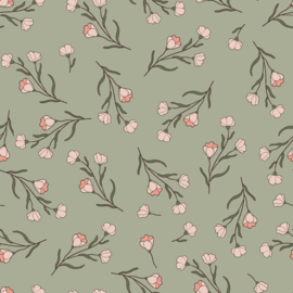 Tricot Jersey Cotton - Pink Flowers  - Olive Green 026
