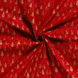 Katoen Print Kerst - Christmas Tree   - Red Foil Gold