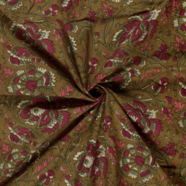 katoen Print - Voile - Batik  - Dark Red Flowers   - Moss  Green
