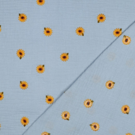 Verhees Textiles - Double Gauze Embroidery - Sunflower  - Light Blue
