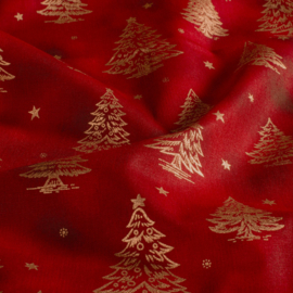 Katoen Print Kerst -  Christmas   Tree - Red  Gold