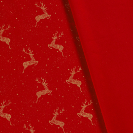 Katoen Print Kerst - Deer  - Red Foil Gold