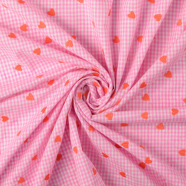 Broderie -  Katoen  -  Checks - Hearts  - Pink