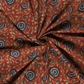 katoen Print - Voile - Batik  -  Navy Flowers   - Dark Red