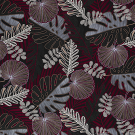 Viscose - Tropical Leaves - Bordeaux Grey