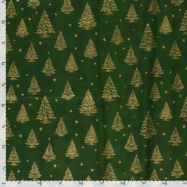 Katoen Print Kerst -  Christmas   Tree - Green  Gold
