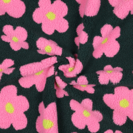 Verhees Textiles - Teddy - Flowers   - Dark  Green Pink